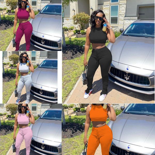 

new designer women's solid color sleeveless crop bra +pants two piece outfits clothing set causal sports ladies tracksuit s-2xl h2517, White