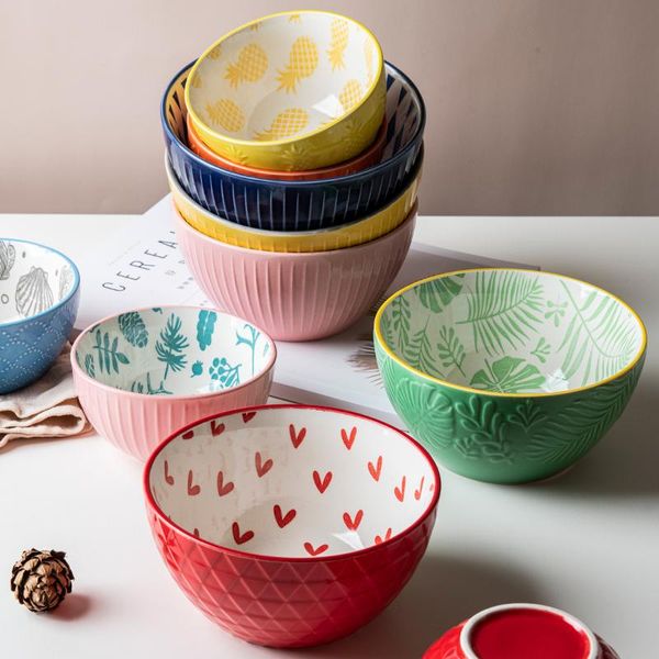

cute ceramic bowls embossed noodle bowls relief non-slip rice soup tableware restaurant salad bowl wholesale