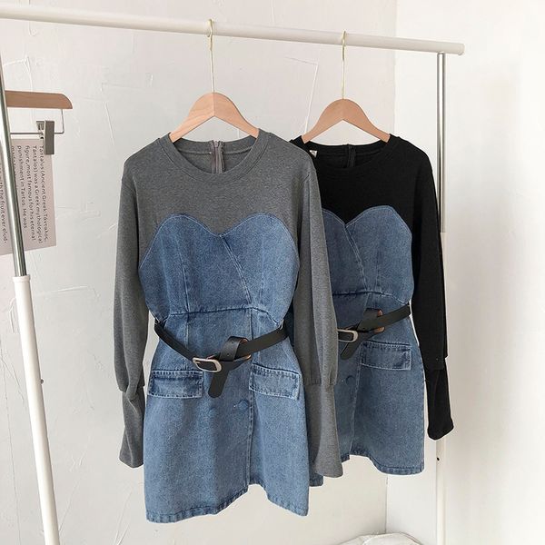 

korean fashion all-match loose thick round neck sweater fight receiving waist was thin irregular denim dress, Black;gray