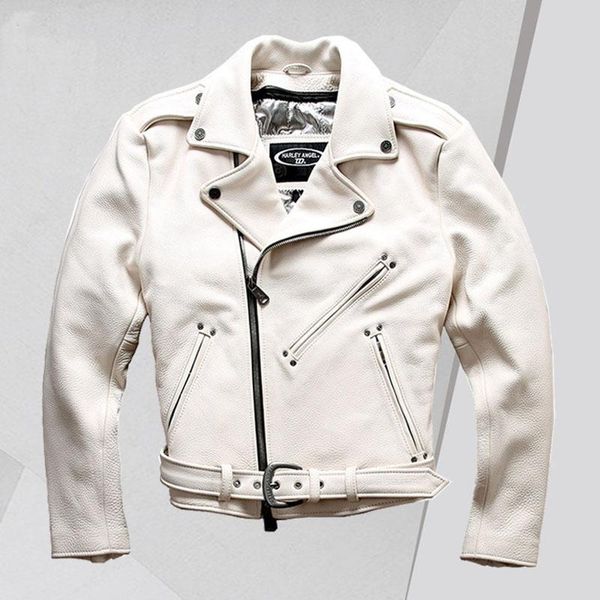 

men's leather & faux motorcycle lapel diagonal zipper cowhide jacket first layer pure white fashion coat men, Black