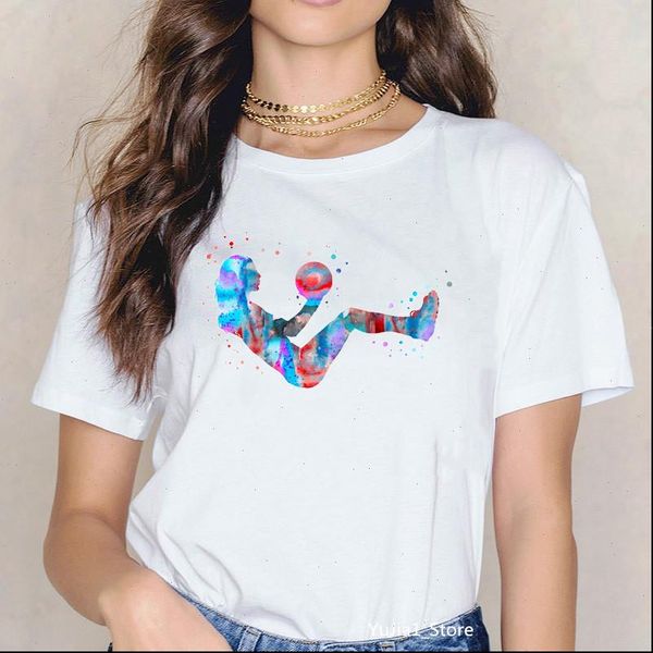 

watercolor girl playing volleyball skating fencing dancing yo ga print vogue t shirt women cute summer, White