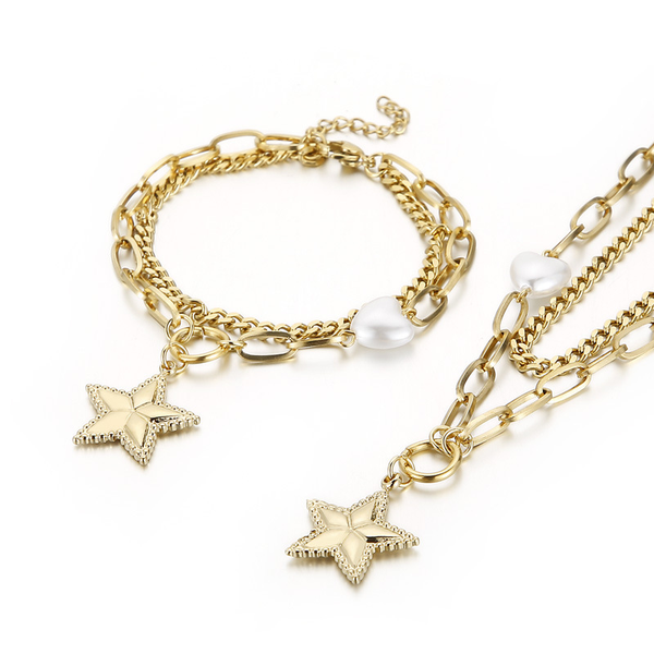 

earrings & necklace 2021 golden stainless steel layered chain bracelet set with star charm pearls women's fashion jewelry colar feminin, Silver