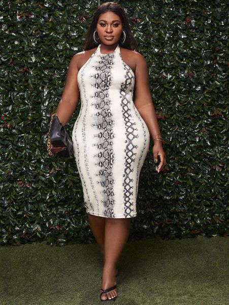 

sxy plus snakeskin print backless halter dress 31wp#, Black