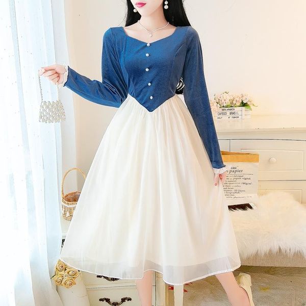 

casual dresses velvet mesh stitching dress 2021 women's autumn style retro elegant fashion temperament vestidos de fiesta, Black;gray