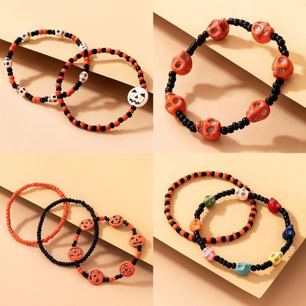 

beaded, strands colorful beaded bracelets for women men punk skull pumpkin handmade adjustable bangle halloween jewelry accessories, Black