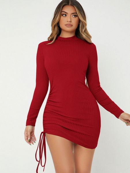 

drawstring side rib-knit bodycon dress c0zj#, Black;gray