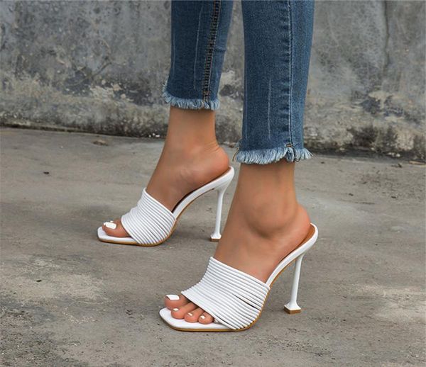 

slippers square toe womens slipper shoes summer mules sandals multi knot high heel slides ladies rome women, Black