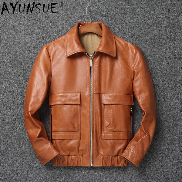 

men's leather & faux ayunsue 2021 short genuine jacket men 100% cowhide coat motorcycle clothes plus size 5xl spring autumn hommes vest, Black