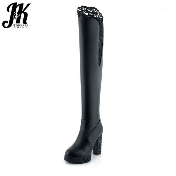 

boots j&k big size 34-43 ladies over the knee women lace thigh high footwear thick heels winter platform shoes woman1, Black