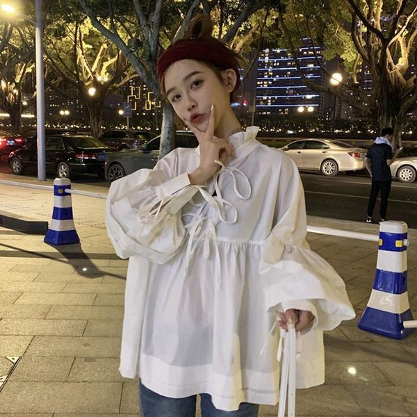 

ewq] 2021 spring summer new long sleeve band bow white casual shirt south korea peter pan collar plus size ladies blouse solid