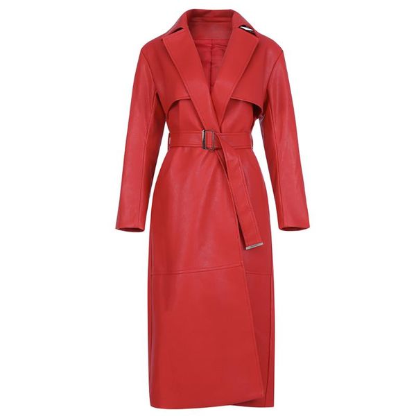 

women's leather & faux red trench coat 2021 spring women long loose coats female jacket woman streetwear, Black