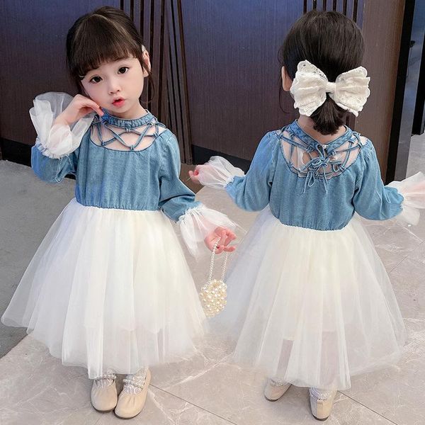 

korean baby girl fashion clothing 2021 spring autumn children's denim long sleeve princess dress valentines day cute outfit, Red;yellow