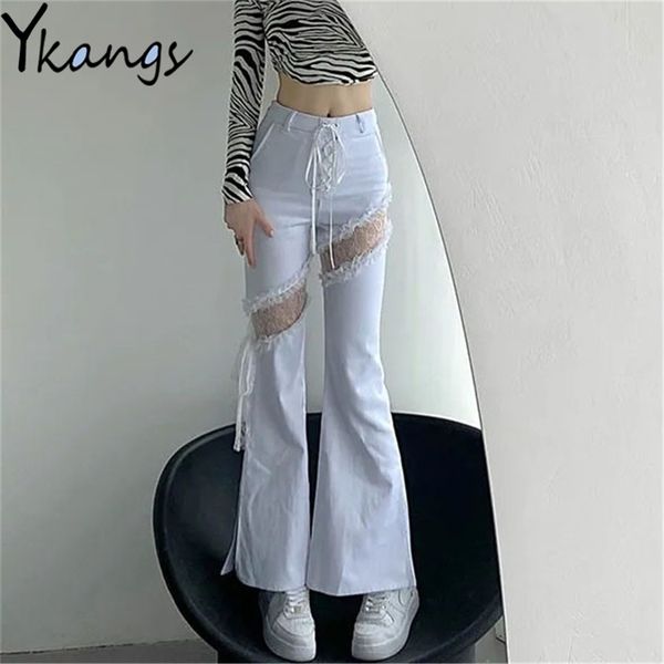 

y2k lace stitching hollow out side slit bandage high waist flared jeans slim gothic punk streetwear denim pants harajuku trouser 220310, Blue