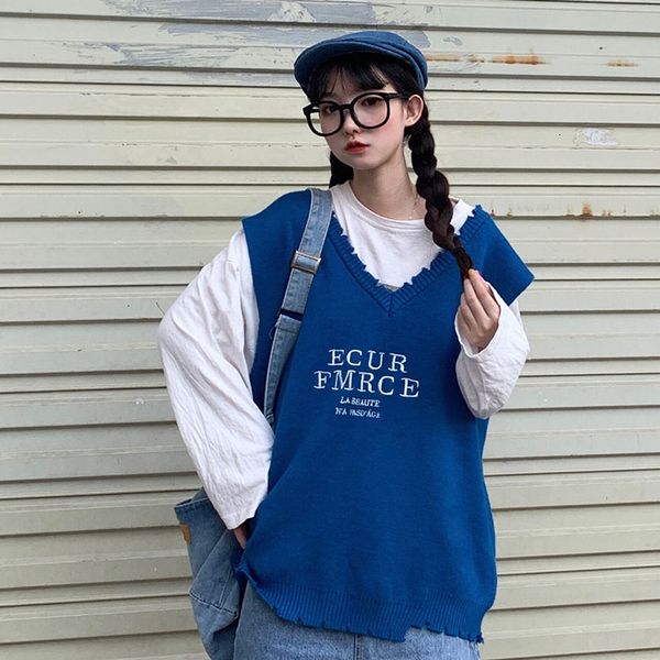 

2021 new autumn college style loose cut knit sweater v-neck vest letters all-match fashion jhag, White;black