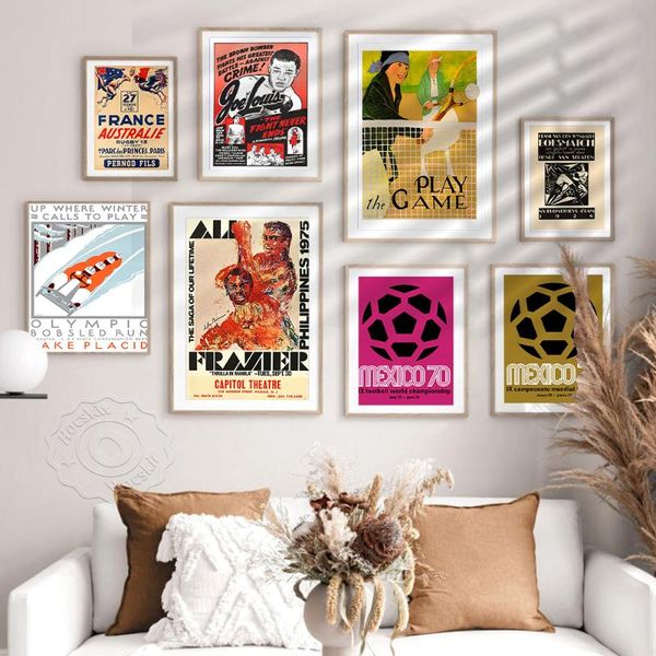 

paintings vintage sports competition poster, football boxing skiing rugby tennis print art, retro wall stickers, canvas painting,