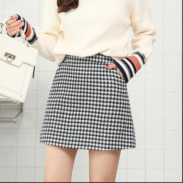 

winter woolen plaid mini skirt for women 2021 autumn slim houndstooth high waist womens skirts female fashion spring skirts, Black