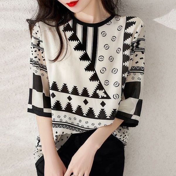 

women spring summer style chiffon blouses shirts lady casual short sleeve printed chiffon blusas df3817 210302, White