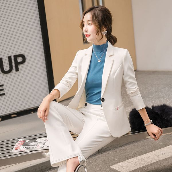 

2021 new autumn long-sleeved women's jacket long-legged pants thin-waisted suit business two-piece mbwq, White;black