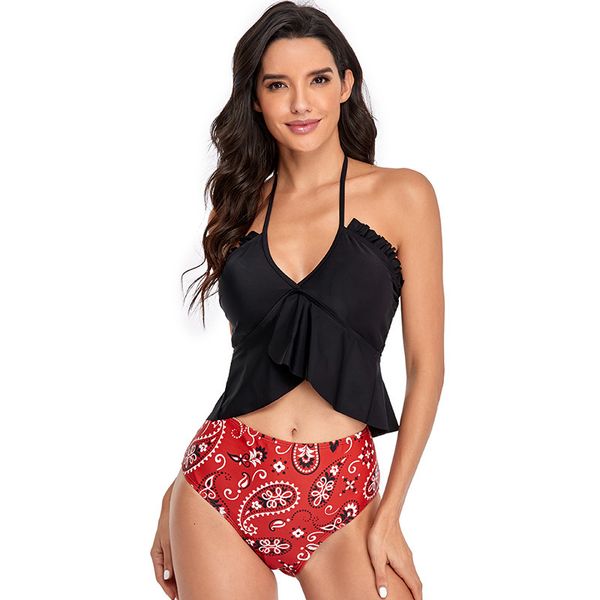 

new may female beach 2021 bath suit swimwear women bathing plus size fashion broken bikini pure color high waist shoulder swimsuit cmrp, Blue