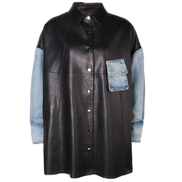 

women's leather & faux yoloagain 2021 women real jacket coat singl breasted ladies oversized shirt, Black
