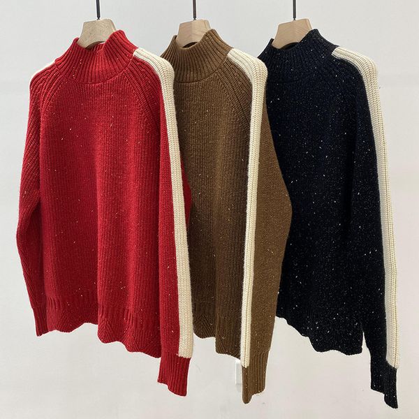 

2021 new women half high neck bright silk contrast wool blend three-color pullover sweater fth2, White;black