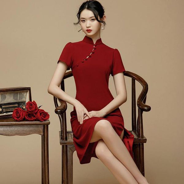 

ethnic clothing exquisite bride wedding dress elegant slim cheongsam summer evening mandarin collar fromal party short prom gowns, Red