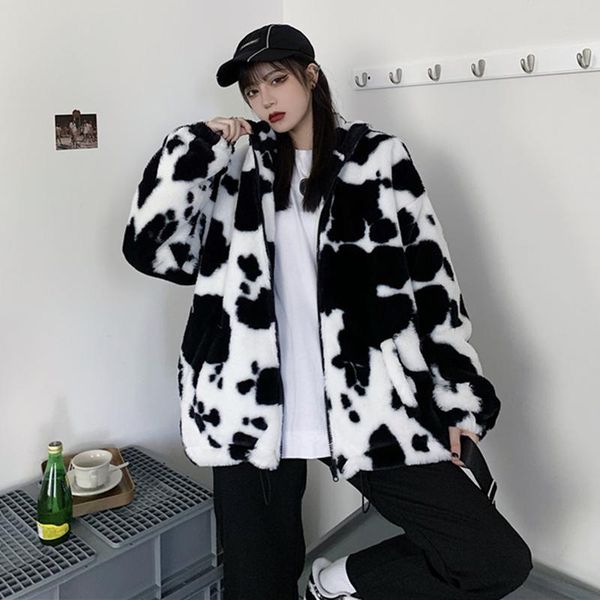 

women's jackets streetwear cows printing harajuku loose plush teddy jacket winter vintage shaggy faux fur thicken warm oversize coat wo, Black;brown