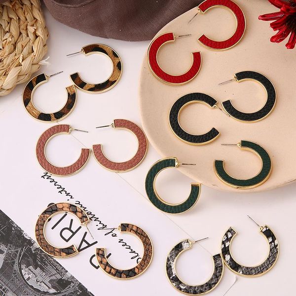 

stud famshin vintage geometric leather earrings for women fashion snake pattern leopard print circle female party jewelr, Golden;silver