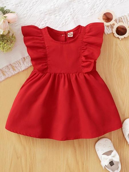 

baby ruffle trim button back dress she, Red;yellow