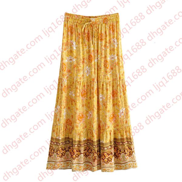 

boho long beach skirt women 2021 new yellow floral print elastic waist cotton skirt summer bohemian holiday seaside casual long skirts, Black