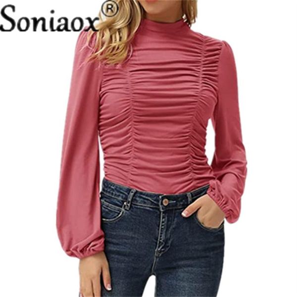 

women's blouses & shirts 2021 autumn women blouse solid color o-neck half-high collar pleated lantern long sleeve t-shirt ladies casua, White