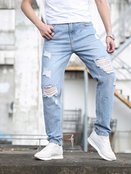 

men ripped washed tapered jeans z9tw#, Blue