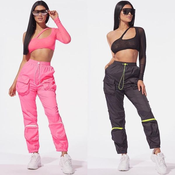 

gauze strapless big street pocket womens out 2pcs cargo high hollow pants summer women two sets piece qauos, Black