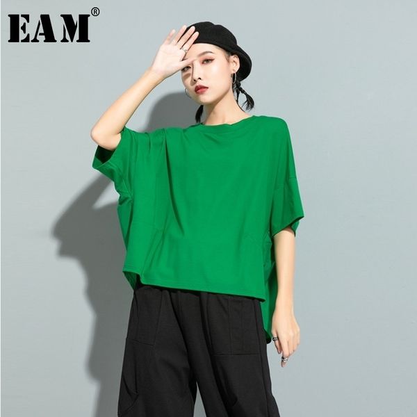 

[eam] women green red back ruffles split big size t-shirt new round neck half sleeve fashion tide spring summer 2021 1u507 210309, White