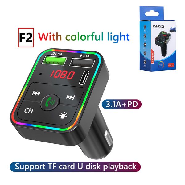 Car carregador F2 Bluetooth 5.0 FM Transmissor Kit Dual USB Adaptador Rápido Carregamento PD Tipo C Portas Handsfree Receptor de Áudio Sem Fio Auto Handsfree MP3 Player