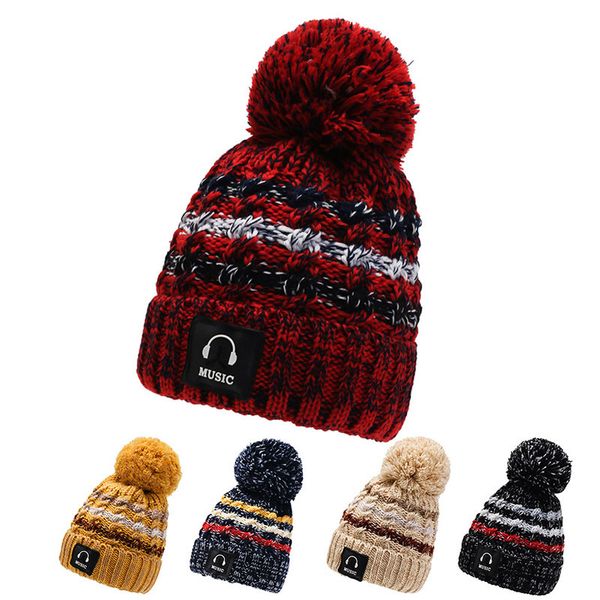 

earphone label stripe pullover caps and fleece windproof warm wool hat, Blue;gray