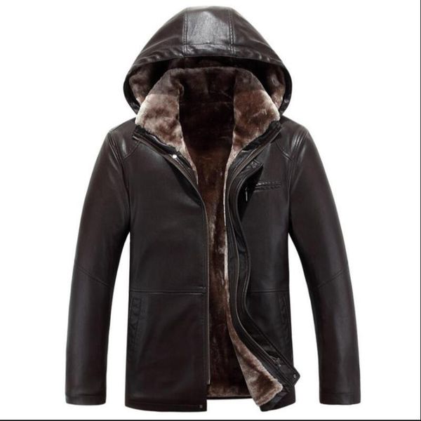 

men's fur & faux m-4xl 2021 autumn and winter clothing one leather plus velvet thickening slim hooded genuine jacket coat, Black