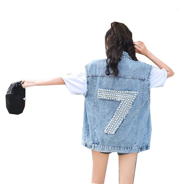 

new fashion luxury beading denim vest basic holes waistcoat for women sleeveless colete feminino1, Black;white