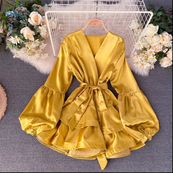 

women satin dress autumn lantern sleeve v neck ins chic retro robe fashion streetwear clubwear solid party ruffle dress, Black;gray