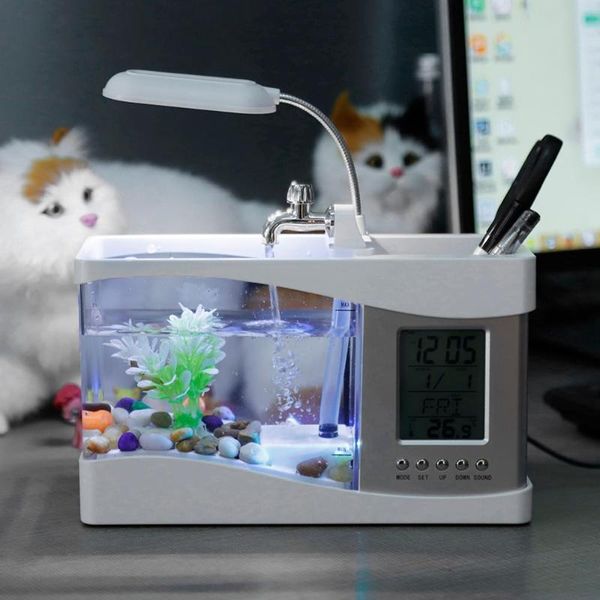 

aquariums white color usb deskmini aquarium fish tank with led light lcd display screen and clock decoration pebbles