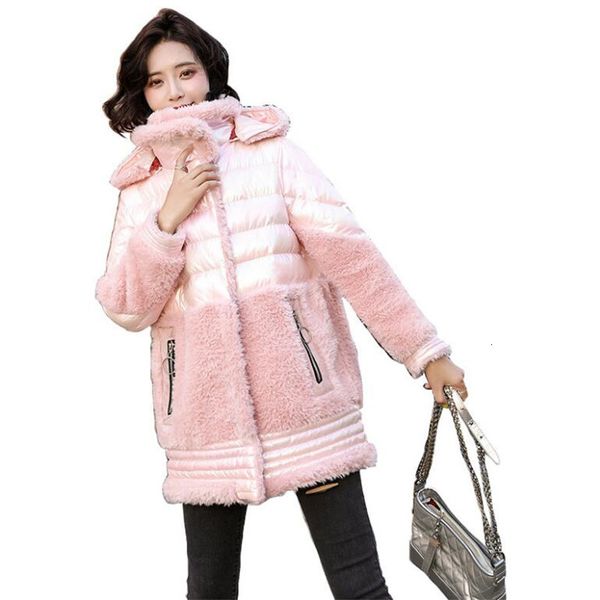 

Thick Stitched Lamb Hair 2021 Winter Women Glossy Stitching Padded Parka Jacket Hooded Long-sleeved Coat Gz7q, Black