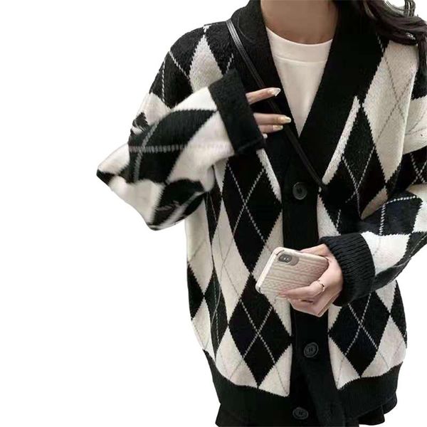 

women's knits & tees 2021 winter soft and breathable fabric women button down knit sweaterargyle print loose cardigan long sleeve v nec, White