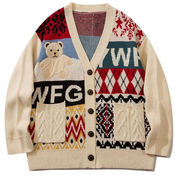 

men's sweaters lacible harajuku vintage bear pattern cardigan sweater streetwear loose casual knitted jacket coat autumn, White;black