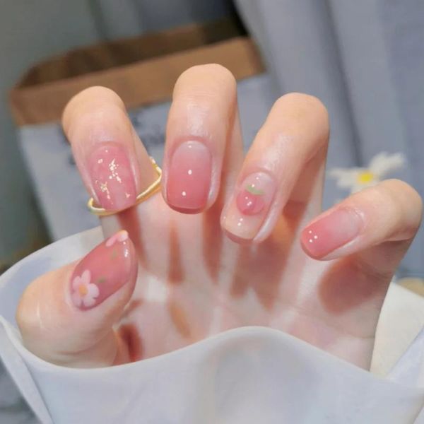 

false nails 24pcs flower fruit printed nail patch glue type removable short paragraph fashion manicure faux ongles, Red;gold