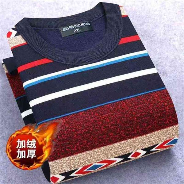 

men sweater autumn winter plus velvet fashion casual striped o-neck pullover pull warm bottoming shirt 210813, White;black