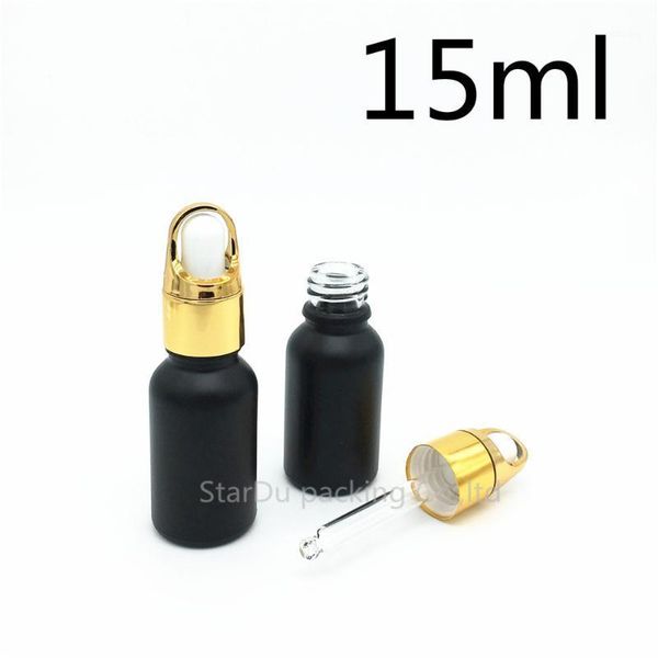 

storage bottles & jars 200pcs/lot 15ml black frosted glass essential oil bottle with gold flower basket ring dropper perfume