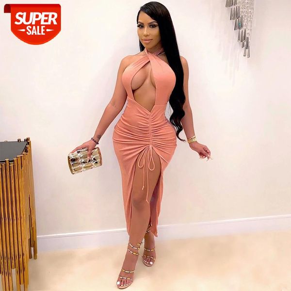 

hirigin club dress women party outfit pink black hollow out halter backless high split long maxi dresses 2021 #bp5e, Black;gray
