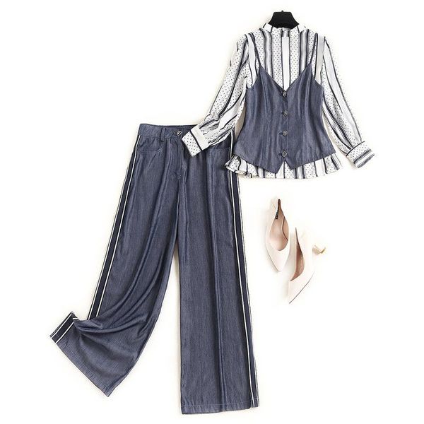 

european women's striped polka dot set 2021 early autumn new shirt solid color suspender three-piece set two piece l751, White