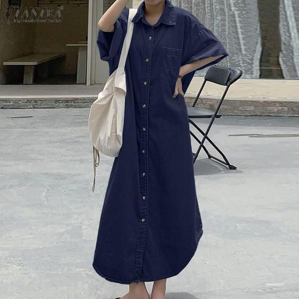 

casual dresses zanzea lapel maxi baggy solid hollow vestidos flared sleeves robe femme women's autumn fashion denim dress plus size 5xl, Black;gray