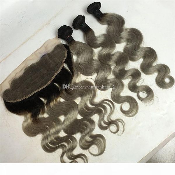 

dark roots body wave ombre hair with lace frontal t1b gray human hair peruvian brazilian malaysian indian hair with lace frontal, Black;brown